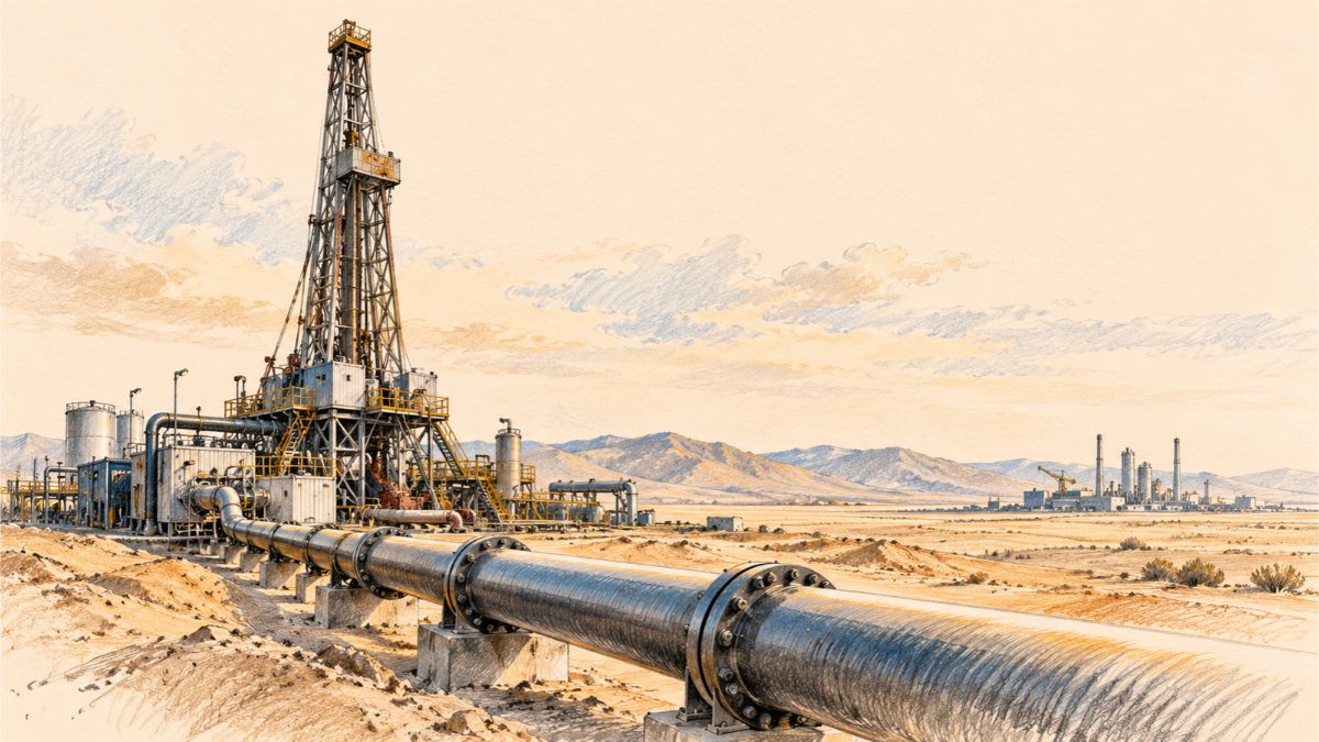 Illustration au crayon d’une installation pétrolière dans un paysage désertique, avec un grand oléoduc au premier plan et un complexe industriel à l’horizon.