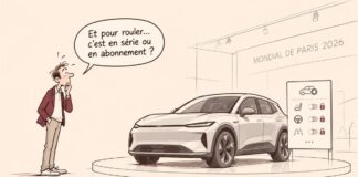 CARICATURE | Automobile connectée : les fonctions par abonnement en question Caricature d'un automobiliste perplexe devant une voiture connectée et un panneau présentant plusieurs fonctionnalités verrouillées.