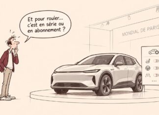 CARICATURE | Automobile connectée : les fonctions par abonnement en question Caricature d'un automobiliste perplexe devant une voiture connectée et un panneau présentant plusieurs fonctionnalités verrouillées.