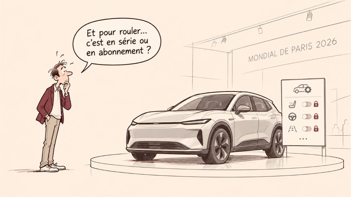 Caricature d'un automobiliste perplexe devant une voiture connectée et un panneau présentant plusieurs fonctionnalités verrouillées.