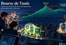 Tunisie Valeurs : après neuf mois de hausse, le temps de la sélectivité à la bourse de Tunis Illustration symbolique d'un investisseur examinant à la loupe une entreprise au milieu d'autres sociétés, évoquant la sélectivité accrue à la Bourse de Tunis.