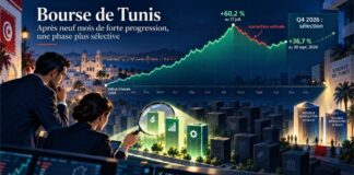 Tunisie Valeurs : après neuf mois de hausse, le temps de la sélectivité à la bourse de Tunis Illustration symbolique d'un investisseur examinant à la loupe une entreprise au milieu d'autres sociétés, évoquant la sélectivité accrue à la Bourse de Tunis.