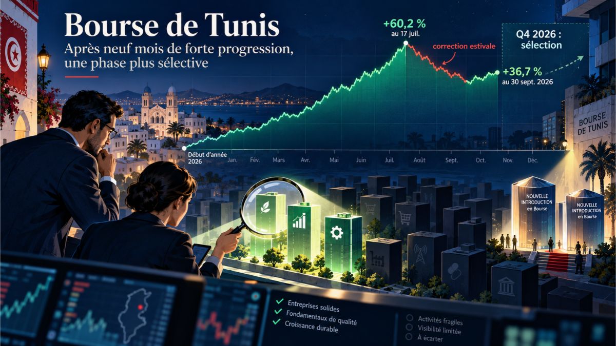 Illustration symbolique d'un investisseur examinant à la loupe une entreprise au milieu d'autres sociétés, évoquant la sélectivité accrue à la Bourse de Tunis.