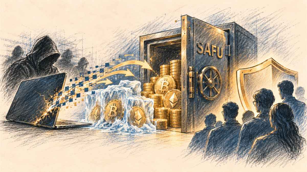 Un responsable générique face à un coffre financier protégé, tandis que d’autres actifs restent verrouillés, illustrant les engagements de Binance après la cyberattaque.
