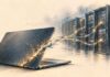 Piratage Binance : comment l’attaque de 6,3 milliards a eu lieu Illustration au crayon d’un ordinateur portable présentant une faille lumineuse, reliée à des serveurs informatiques, symbolisant le piratage de Binance.