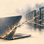 08_DOSSIER | Piratage Binance : comment l’attaque de 6,3 milliards a eu lieu Illustration au crayon d’un ordinateur portable présentant une faille lumineuse, reliée à des serveurs informatiques, symbolisant le piratage de Binance.
