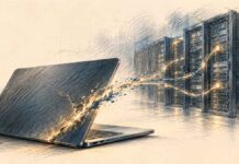Piratage Binance : comment l’attaque de 6,3 milliards a eu lieu Illustration au crayon d’un ordinateur portable présentant une faille lumineuse, reliée à des serveurs informatiques, symbolisant le piratage de Binance.