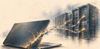 Piratage Binance : comment l’attaque de 6,3 milliards a eu lieu Illustration au crayon d’un ordinateur portable présentant une faille lumineuse, reliée à des serveurs informatiques, symbolisant le piratage de Binance.