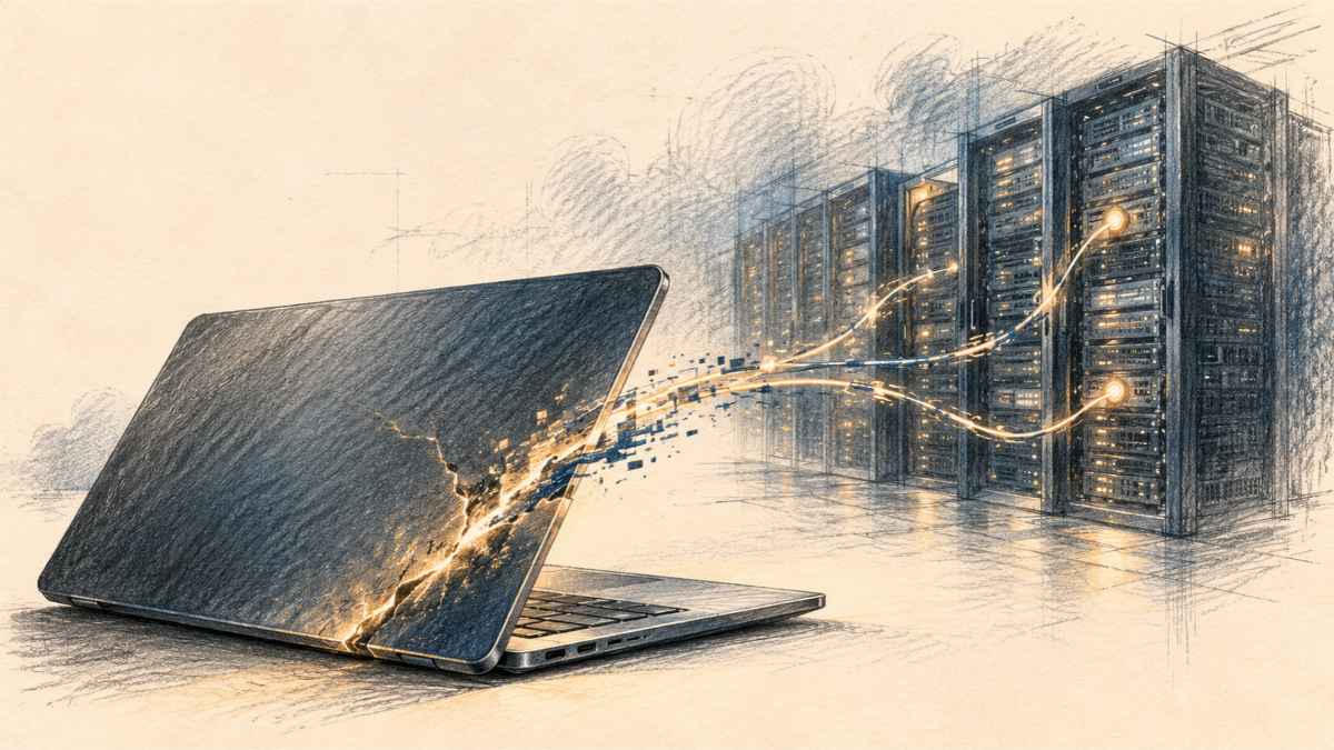 Illustration au crayon d’un ordinateur portable présentant une faille lumineuse, reliée à des serveurs informatiques, symbolisant le piratage de Binance.