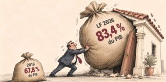 Dette publique tunisienne : un poids croissant entre 2019 et 2026 Caricature montrant un responsable générique poussant un immense sac représentant 83,4 % du PIB en LF 2026 dans une petite maison, à côté d'un sac portant 67,8 % pour 2019.