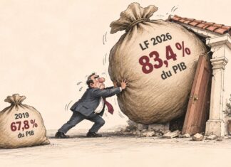 Dette publique tunisienne : un poids croissant entre 2019 et 2026 Caricature montrant un responsable générique poussant un immense sac représentant 83,4 % du PIB en LF 2026 dans une petite maison, à côté d'un sac portant 67,8 % pour 2019.