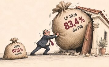 Dette publique tunisienne : un poids croissant entre 2019 et 2026 Caricature montrant un responsable générique poussant un immense sac représentant 83,4 % du PIB en LF 2026 dans une petite maison, à côté d'un sac portant 67,8 % pour 2019.