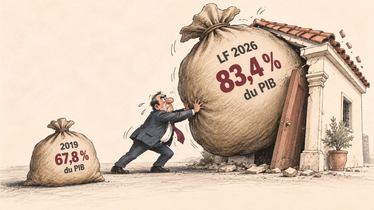 Caricature montrant un responsable générique poussant un immense sac représentant 83,4 % du PIB en LF 2026 dans une petite maison, à côté d'un sac portant 67,8 % pour 2019.