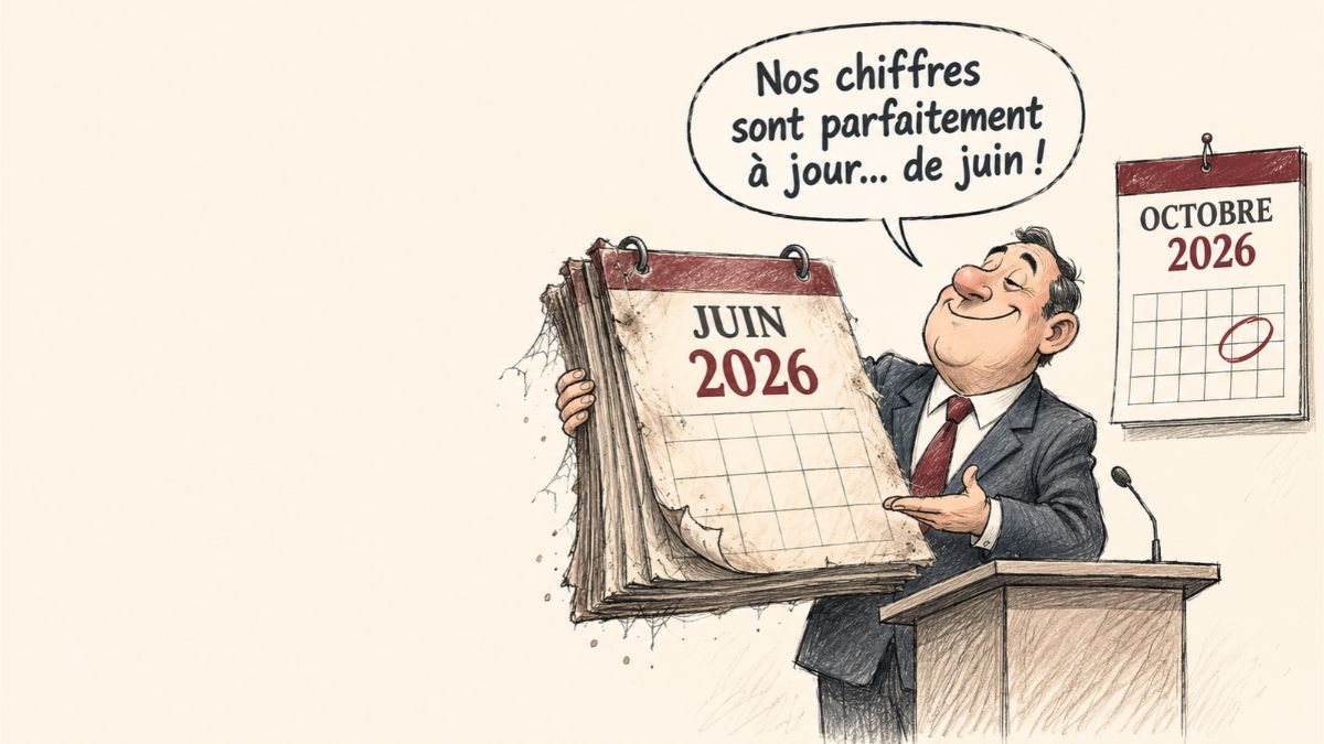 Caricature montrant un responsable gouvernemental souriant présentant fièrement un calendrier poussiéreux de juin 2026, alors qu’un calendrier mural affiche octobre 2026. Une bulle ironique indique : « Nos chiffres sont parfaitement à jour… de juin !