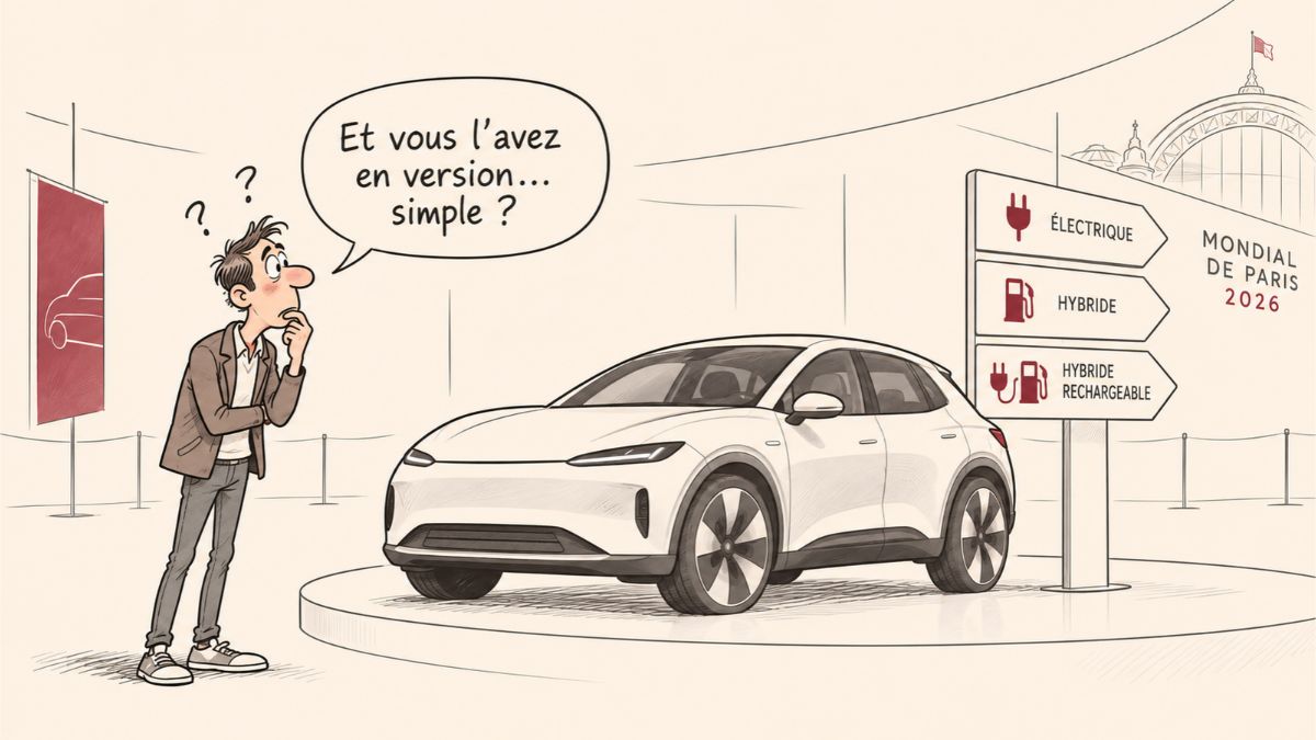 Caricature d'un automobiliste perplexe devant une voiture et trois panneaux indiquant électrique, hybride et hybride rechargeable.