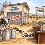 CARICATURE : Le lait attend, les subventions aussi Caricature montrant un éleveur inquiet devant un centre laitier fermé, une chaîne brisée et un responsable administratif générique entouré de dossiers de subventions.