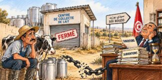 CARICATURE : Le lait attend, les subventions aussi Caricature montrant un éleveur inquiet devant un centre laitier fermé, une chaîne brisée et un responsable administratif générique entouré de dossiers de subventions.