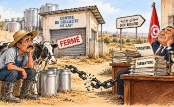 CARICATURE : Le lait attend, les subventions aussi Caricature montrant un éleveur inquiet devant un centre laitier fermé, une chaîne brisée et un responsable administratif générique entouré de dossiers de subventions.