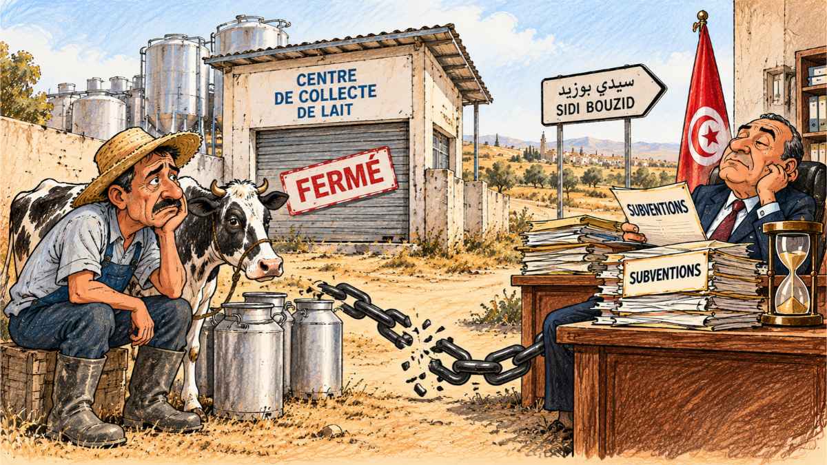 Caricature montrant un éleveur inquiet devant un centre laitier fermé, une chaîne brisée et un responsable administratif générique entouré de dossiers de subventions.