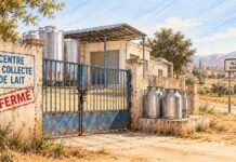 Filière laitière : cinq centres de collecte fermés à Sidi Bouzid Centre de collecte du lait fermé, portail cadenassé et bidons métalliques dans un paysage rural évoquant Sidi Bouzid