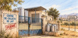 Filière laitière : cinq centres de collecte fermés à Sidi Bouzid Centre de collecte du lait fermé, portail cadenassé et bidons métalliques dans un paysage rural évoquant Sidi Bouzid