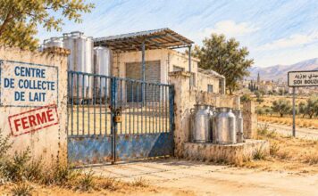 Filière laitière : cinq centres de collecte fermés à Sidi Bouzid Centre de collecte du lait fermé, portail cadenassé et bidons métalliques dans un paysage rural évoquant Sidi Bouzid