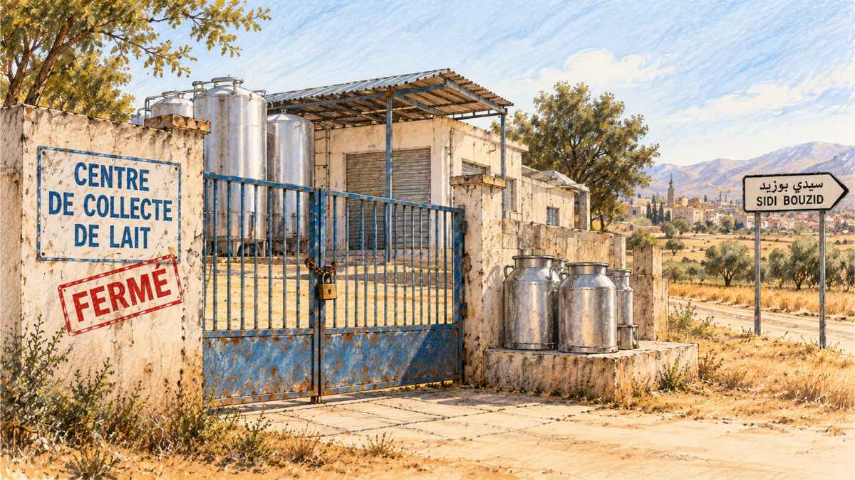 Centre de collecte du lait fermé, portail cadenassé et bidons métalliques dans un paysage rural évoquant Sidi Bouzid