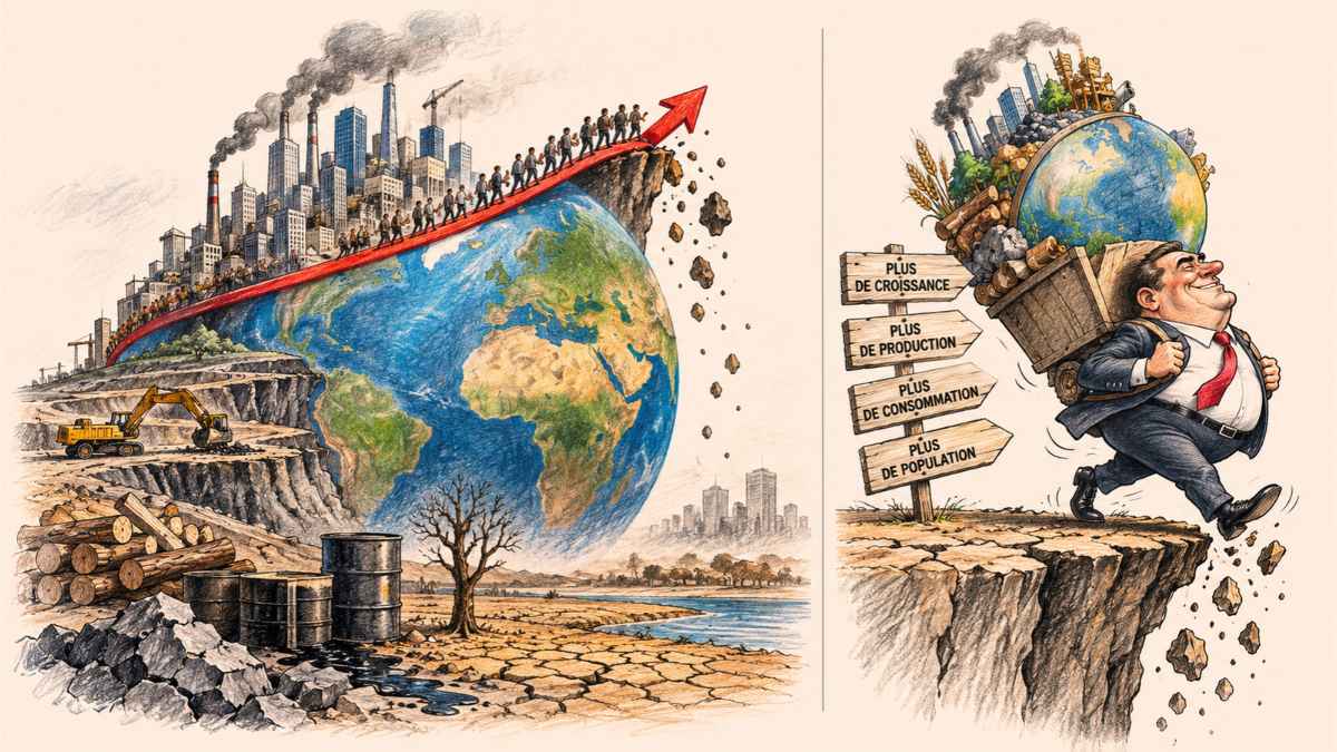 Représentation symbolique de la croissance industrielle mondiale, de l'exploitation des ressources et des limites physiques de la planète.