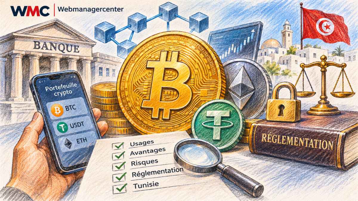 ALT : Illustration symbolique des cryptomonnaies, des services bancaires, de la sécurité numérique et des enjeux réglementaires en Tunisie.