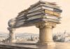 Dette publique tunisienne 2019-2026 : le financement intérieur prend le dessus, mais à quel coût ? Illustration symbolique d'une imposante pile de documents financiers reposant principalement sur un pilier intérieur, tandis qu'un pilier associé au financement extérieur apparaît fragilisé