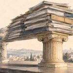 Dette publique tunisienne 2019-2026 : le financement intérieur prend le dessus, mais à quel coût ? Illustration symbolique d'une imposante pile de documents financiers reposant principalement sur un pilier intérieur, tandis qu'un pilier associé au financement extérieur apparaît fragilisé