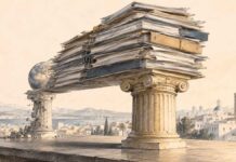 Dette publique tunisienne 2019-2026 : le financement intérieur prend le dessus, mais à quel coût ? Illustration symbolique d'une imposante pile de documents financiers reposant principalement sur un pilier intérieur, tandis qu'un pilier associé au financement extérieur apparaît fragilisé