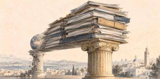 Dette publique tunisienne 2019-2026 : le financement intérieur prend le dessus, mais à quel coût ? Illustration symbolique d'une imposante pile de documents financiers reposant principalement sur un pilier intérieur, tandis qu'un pilier associé au financement extérieur apparaît fragilisé