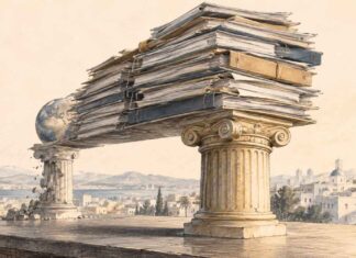 Dette publique tunisienne 2019-2026 : le financement intérieur prend le dessus, mais à quel coût ? Illustration symbolique d'une imposante pile de documents financiers reposant principalement sur un pilier intérieur, tandis qu'un pilier associé au financement extérieur apparaît fragilisé