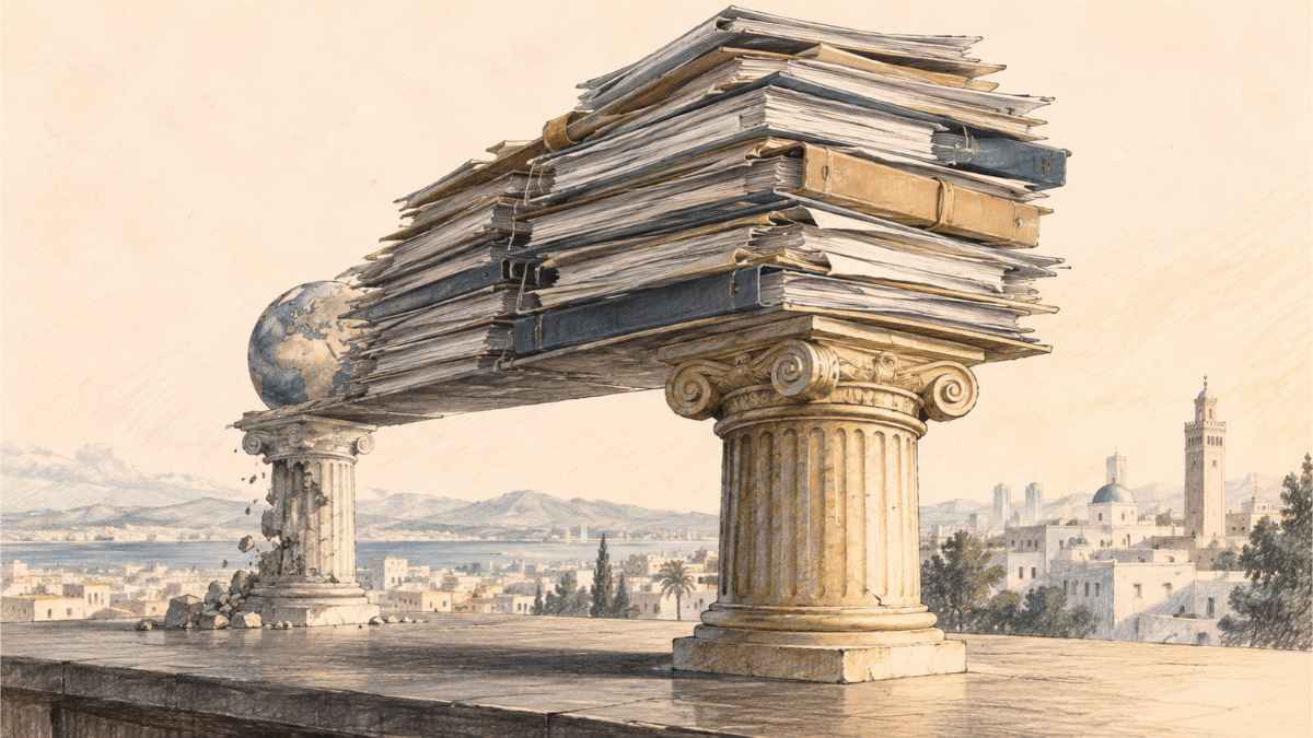 Illustration symbolique d'une imposante pile de documents financiers reposant principalement sur un pilier intérieur, tandis qu'un pilier associé au financement extérieur apparaît fragilisé