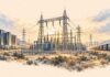REGARDS SUR LE MONDE | Taux, énergie, industrie : la nouvelle bataille de la souveraineté économique Illustration au crayon d'un poste électrique reliant symboliquement un centre de données et un corridor ferroviaire, sur fond de réseau énergétique.