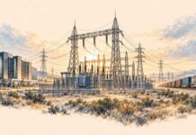 REGARDS SUR LE MONDE | Taux, énergie, industrie : la nouvelle bataille de la souveraineté économique Illustration au crayon d'un poste électrique reliant symboliquement un centre de données et un corridor ferroviaire, sur fond de réseau énergétique.