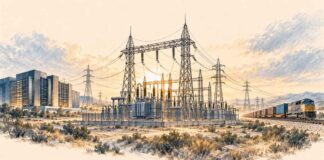 REGARDS SUR LE MONDE | Taux, énergie, industrie : la nouvelle bataille de la souveraineté économique Illustration au crayon d'un poste électrique reliant symboliquement un centre de données et un corridor ferroviaire, sur fond de réseau énergétique.