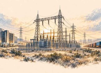 REGARDS SUR LE MONDE | Taux, énergie, industrie : la nouvelle bataille de la souveraineté économique Illustration au crayon d'un poste électrique reliant symboliquement un centre de données et un corridor ferroviaire, sur fond de réseau énergétique.