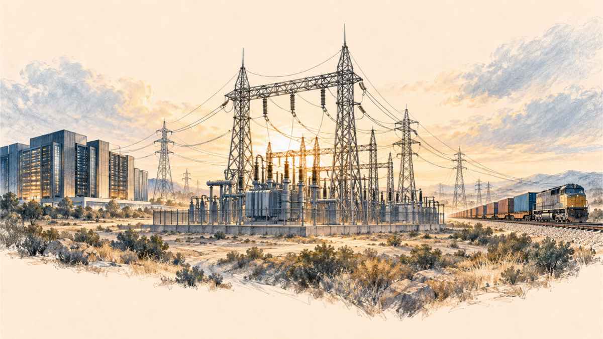 Illustration au crayon d'un poste électrique reliant symboliquement un centre de données et un corridor ferroviaire, sur fond de réseau énergétique.