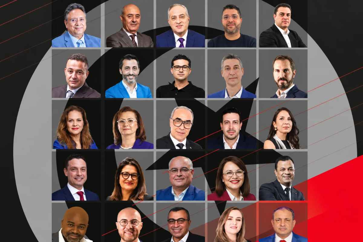 Montage photographique présentant 25 personnalités du monde économique et entrepreneurial tunisien, réunies dans le dossier Tunisia 2026 de Forbes Africa, sur un fond graphique noir, gris et rouge.