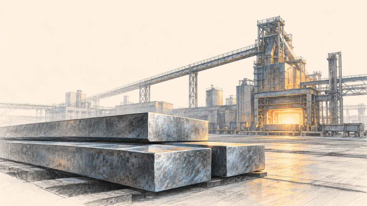 Illustration au crayon de billettes d’acier empilées devant une installation sidérurgique, dans des tons gris et bleu sur fond crème.
