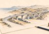 LES TITRES | Financer, relier, innover : les défis de la croissance tunisienne Illustration au crayon d’un viaduc traversant des collines sur une feuille de projet, accompagné d’un crayon et de piles de pièces, sur fond ivoire.