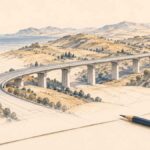 LES TITRES | Financer, relier, innover : les défis de la croissance tunisienne Illustration au crayon d’un viaduc traversant des collines sur une feuille de projet, accompagné d’un crayon et de piles de pièces, sur fond ivoire.