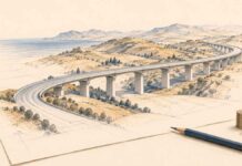 LES TITRES | Financer, relier, innover : les défis de la croissance tunisienne Illustration au crayon d’un viaduc traversant des collines sur une feuille de projet, accompagné d’un crayon et de piles de pièces, sur fond ivoire.