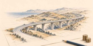 LES TITRES | Financer, relier, innover : les défis de la croissance tunisienne Illustration au crayon d’un viaduc traversant des collines sur une feuille de projet, accompagné d’un crayon et de piles de pièces, sur fond ivoire.