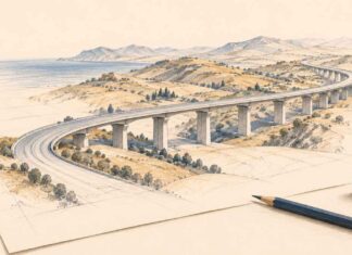 LES TITRES | Financer, relier, innover : les défis de la croissance tunisienne Illustration au crayon d’un viaduc traversant des collines sur une feuille de projet, accompagné d’un crayon et de piles de pièces, sur fond ivoire.