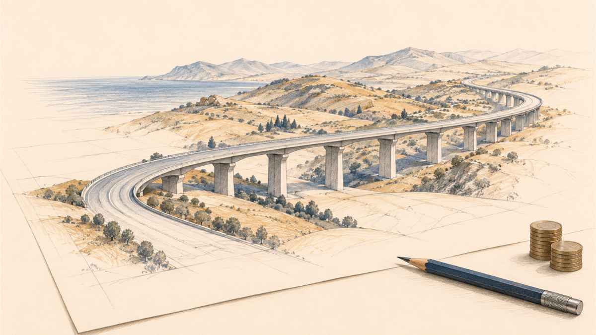 Illustration au crayon d’un viaduc traversant des collines sur une feuille de projet, accompagné d’un crayon et de piles de pièces, sur fond ivoire.