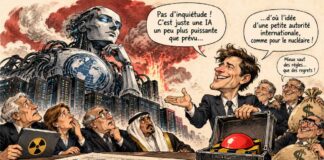 La police de l’IA recrutée par les suspects Caricature satirique sur les risques de concentration du pouvoir et la régulation internationale de l’IA.