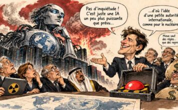La police de l’IA recrutée par les suspects Caricature satirique sur les risques de concentration du pouvoir et la régulation internationale de l’IA.